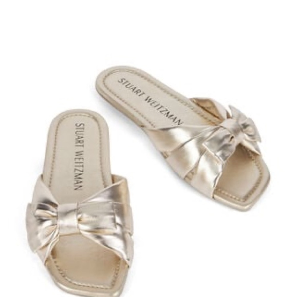 Stuart Weitzman Metallic Gold Bow Slide Sandals